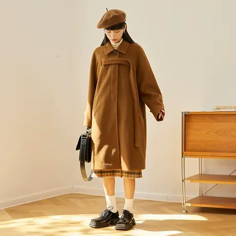 omont蛋挞家 复古黑色毛呢外套女秋冬季中长款宽松设计感呢子大衣图片