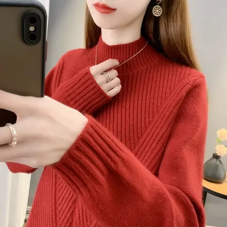 半高领毛衣女加厚打底衫2023秋冬新款套头宽松针织衫内搭螺纹上衣商品大图