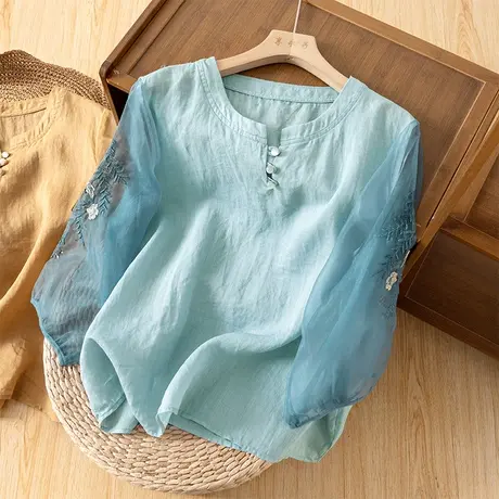 享永子七分袖苎麻上衣女夏蕾丝拼接袖刺绣高级感棉麻衬衫2023新款图片