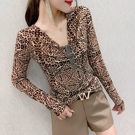 初秋气质女装性感V领T恤女长袖时尚烫钻豹纹上衣洋气百搭打底衫潮商品大图
