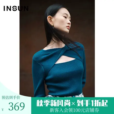 恩裳COVER2023春款新款摩登时尚扭结款套头打底丝毛混纺坑条毛衣商品大图