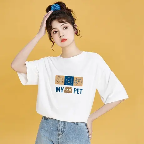 设计感小众印花短袖t恤女2023年新款宽松ins纯棉半袖圆领体恤上衣商品大图