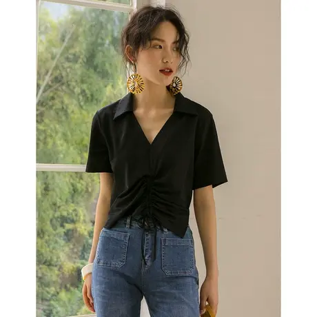 法式polo领t恤女正肩短袖抽绳上衣设计感小众短款v领黑色针织衫夏图片