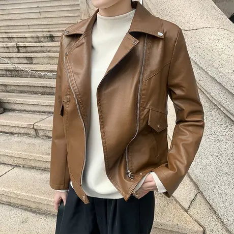 咖啡色美式复古休闲机车皮衣外套女2022年秋冬季新款时尚酷高级感图片