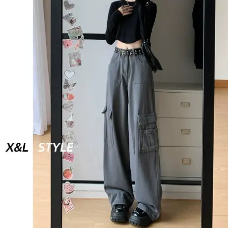 水泥灰工装裤女2023新款秋装设计感美式高街休闲宽松牛仔阔腿裤子图片