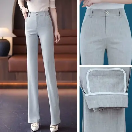 浅灰色棉麻微喇裤女2023新款夏季薄款高腰垂感喇叭小个子西装长裤商品大图
