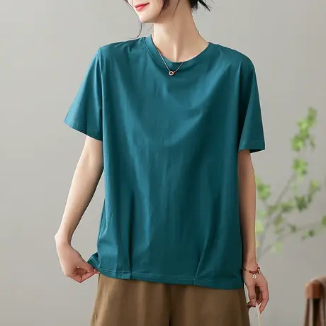 dza文艺复古纯色全棉T恤女2023春夏新款宽松短袖体恤显瘦打底上衣商品大图