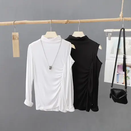 法式洋气露肩长袖t恤衫女秋装新款薄款设计感小众纯色上衣打底衫图片