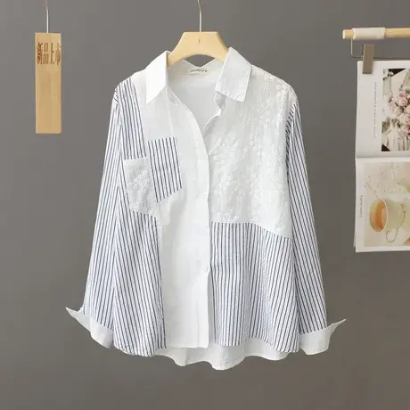 韩范休闲白色衬衫女式条纹拼接蕾丝衬衣打底衫春秋设计感宽松上衣图片
