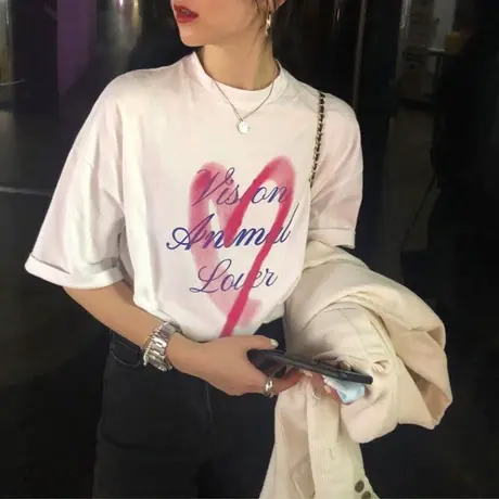 韩风chic白色短袖T桖女字母印花爱心涂鸦休闲潮牌日系百搭上衣潮商品大图