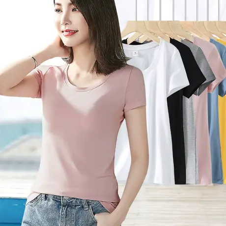 浅粉色短袖t恤女修身2023夏季新款打底纯棉圆领显瘦半袖体恤上衣商品大图