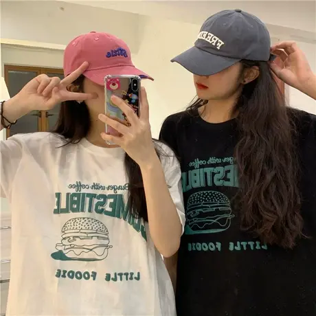 红续汉堡包发泡印花短袖T恤女2023新款韩版休闲纯棉宽松闺蜜上衣图片