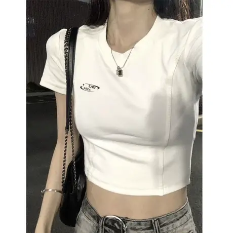 甜辣妹短袖t恤女夏季新款设计感小众修身法式短款上衣服正肩体恤商品大图