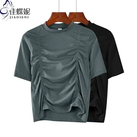 夏季新款韩版修身显瘦褶皱半高领纯色短袖体恤上衣内搭打底女短款商品大图