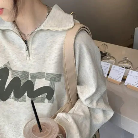 polo翻领卫衣女小个子春秋季薄款宽松慵懒风美式复古长袖上衣外套商品大图