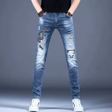 2023新款男士牛仔裤男款破洞刺绣花修身小脚裤子秋款高端百搭潮牌商品大图