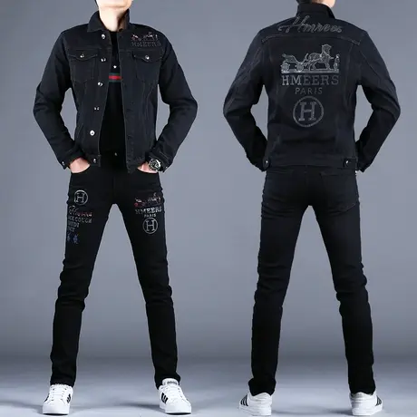 男士黑色高端刺绣花牛仔套装男秋款男款2023新款上衣夹克休闲裤子图片
