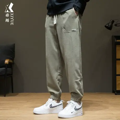 希越卡其绿欧棉绒休闲裤男秋季宽松大码胖子束脚长裤简约百搭裤子商品大图