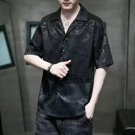 新中式男装唐装男款绸缎提花中国风冰丝衬衫古巴领短袖男衬衣半袖商品大图