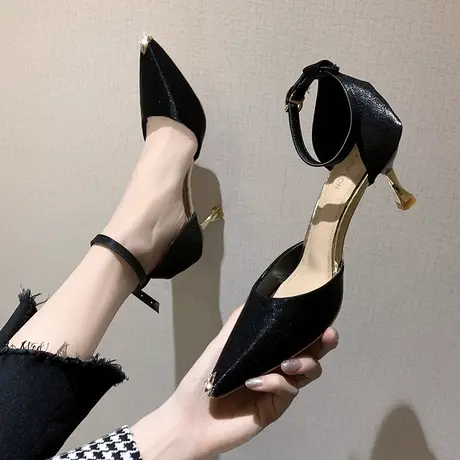 2023春季新款时尚尖头黑色性感绸缎高跟鞋女细跟一字带网红单鞋子商品大图