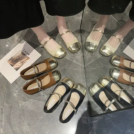 小香风拼色玛丽珍鞋女2023春夏季新款复古文艺圆头浅口单鞋女平底商品大图