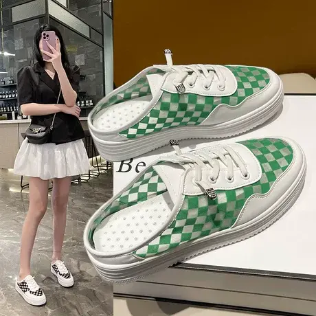 2023年夏季新款懒人鞋女时尚潮流休闲鞋圆头学院风格子平底拖鞋商品大图