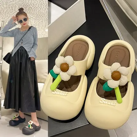 包头凉拖鞋女夏季可爱花朵网红外穿玛丽珍防滑踩屎感厚底沙滩拖鞋图片