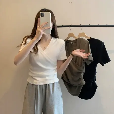 大码微胖v领白色正肩短袖t恤女夏季胖mm遮肚显瘦甜辣上衣200斤潮商品大图