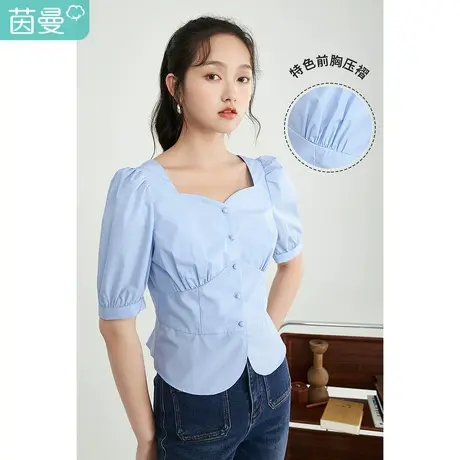 茵曼方领衬衫女2023年春季新款潮减龄泡泡袖短袖甜美收腰短款上衣图片