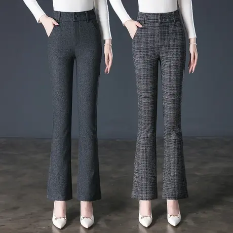 微喇裤女高腰显瘦秋季毛呢格子裤大码休闲喇叭裤中年妈妈裤子女裤商品大图