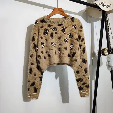豹纹毛衣女外穿秋冬新款重工钉珠镶钻洋气短款针织衫加厚套头上衣商品大图