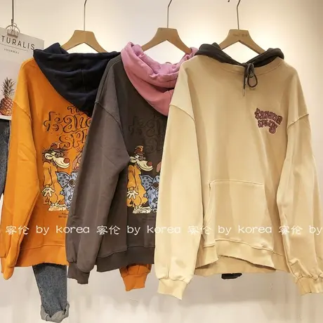 小众设计感卫衣韩国东大门2020秋季拼色背后卡通连帽卫衣宽松大码图片