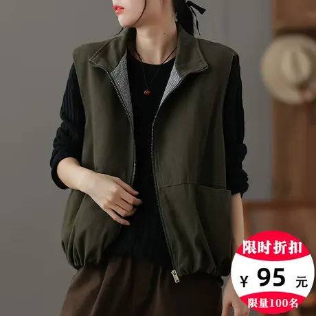 dza 复古短款羽绒棉马甲女2023秋冬新款外搭坎肩上衣工装棉衣马夹商品大图