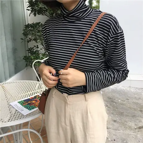 2023年新款春秋冬季黑色条纹上衣内搭白色半高领打底衫女长袖t恤商品大图