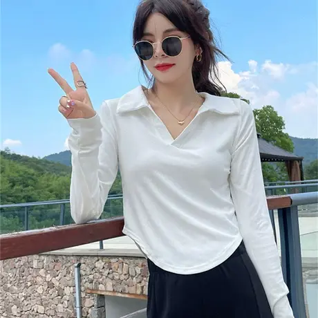 polo领长袖t恤女装2023新款早秋季v领设计感小众修身短款辣妹上衣商品大图