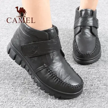 Camel/骆驼女鞋冬季真牛皮加绒保暖舒适坡跟短靴中年休闲妈妈鞋子图片