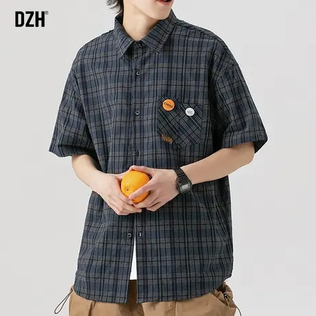 男士格子衬衫男短袖夏季薄款休闲男装2023新款工装衬衣男款格子衫商品大图