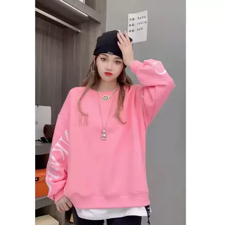 2023秋季新款假两件圆领刺绣字母卫衣学生中长款宽松大码ins上衣商品大图