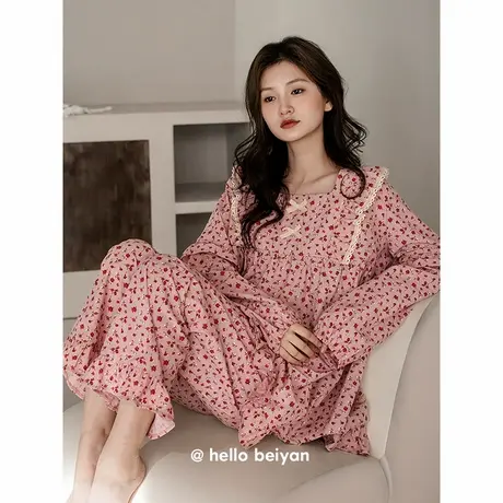 贝妍睡衣女春秋季新款甜美小碎花家居服柔软莫代尔棉长袖大码套装商品大图