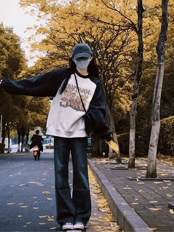 港味chic插肩袖加绒卫衣女秋大码宽松圆领外套ins潮休闲百搭上衣商品大图