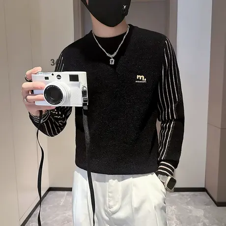 秋冬季条纹袖毛衣针织衫男重磅潮牌修身打底衫线衣小众个性体恤商品大图