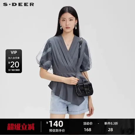 【新品上新】sdeer圣迪奥V领压褶晕染网纱泡泡袖衬衫S23280406图片