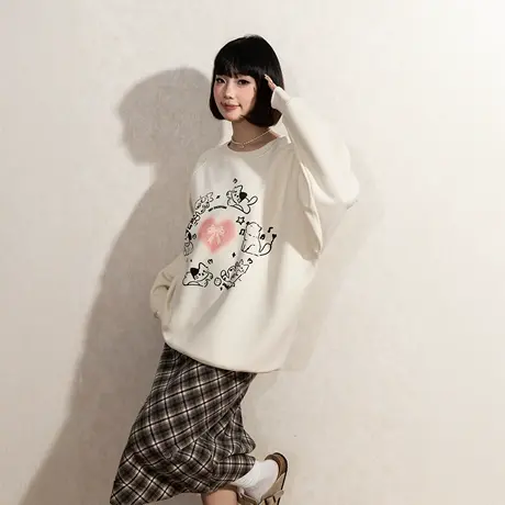 YEP复古印花卫衣女春秋2025新款宽松插肩袖套头无帽加厚上衣加绒商品大图