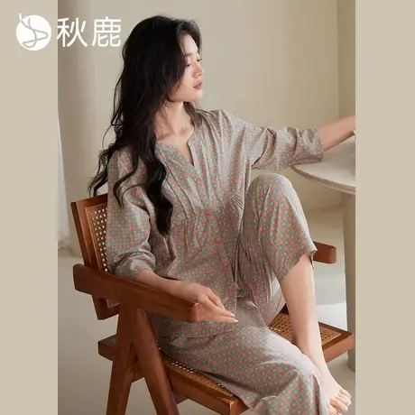 秋鹿【直播专享】梭织色织格棉质七分袖睡衣女夏季薄款格子家居服商品大图