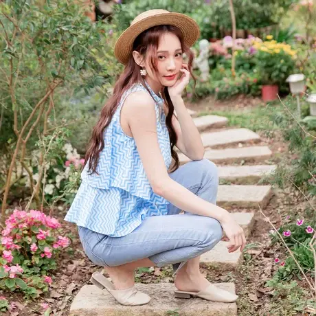 桔熊夏季几何印花立领背心不对称荷叶边无袖上衣少女大码AB14748商品大图