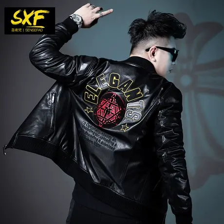 SXF圣希梵真皮皮衣男 新款刺绣棒球领机车夹棉男士皮夹克外套潮牌商品大图