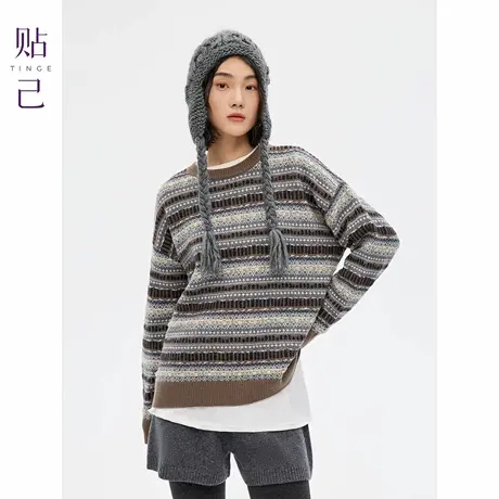 TINGE贴己加厚费尔岛风100%纯羊毛圆领针织衫女秋冬25羊毛衫上衣商品大图