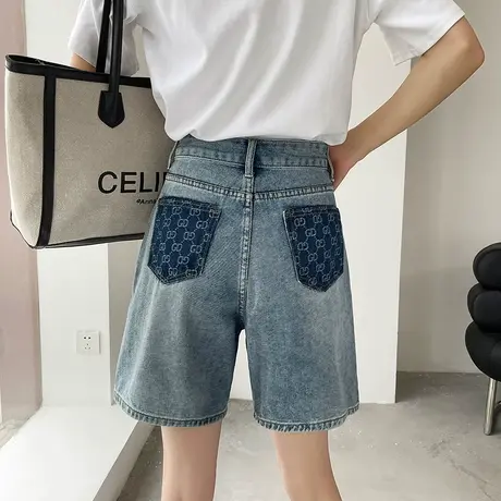 牛仔短裤女中裤高腰2023年夏季薄款a字复古显瘦小个子阔腿五分裤图片