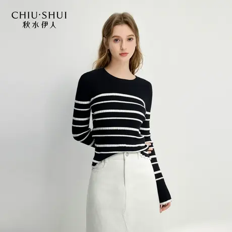 【CC家居控】气质通勤上衣春季女黑白条纹正肩版型毛针织衫商品大图
