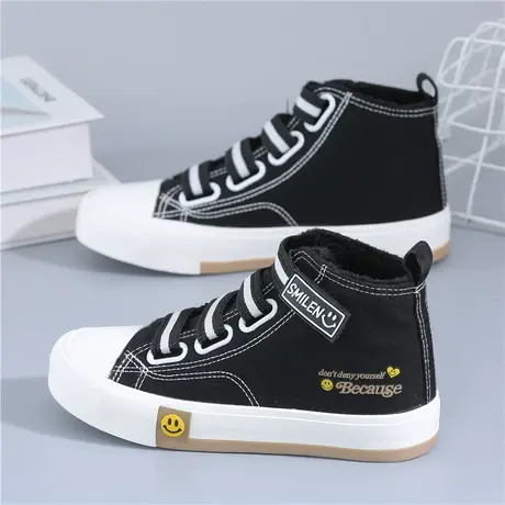 加绒帆布鞋女冬季新款魔术贴二棉鞋高帮板鞋中学生保暖百搭女鞋子图片